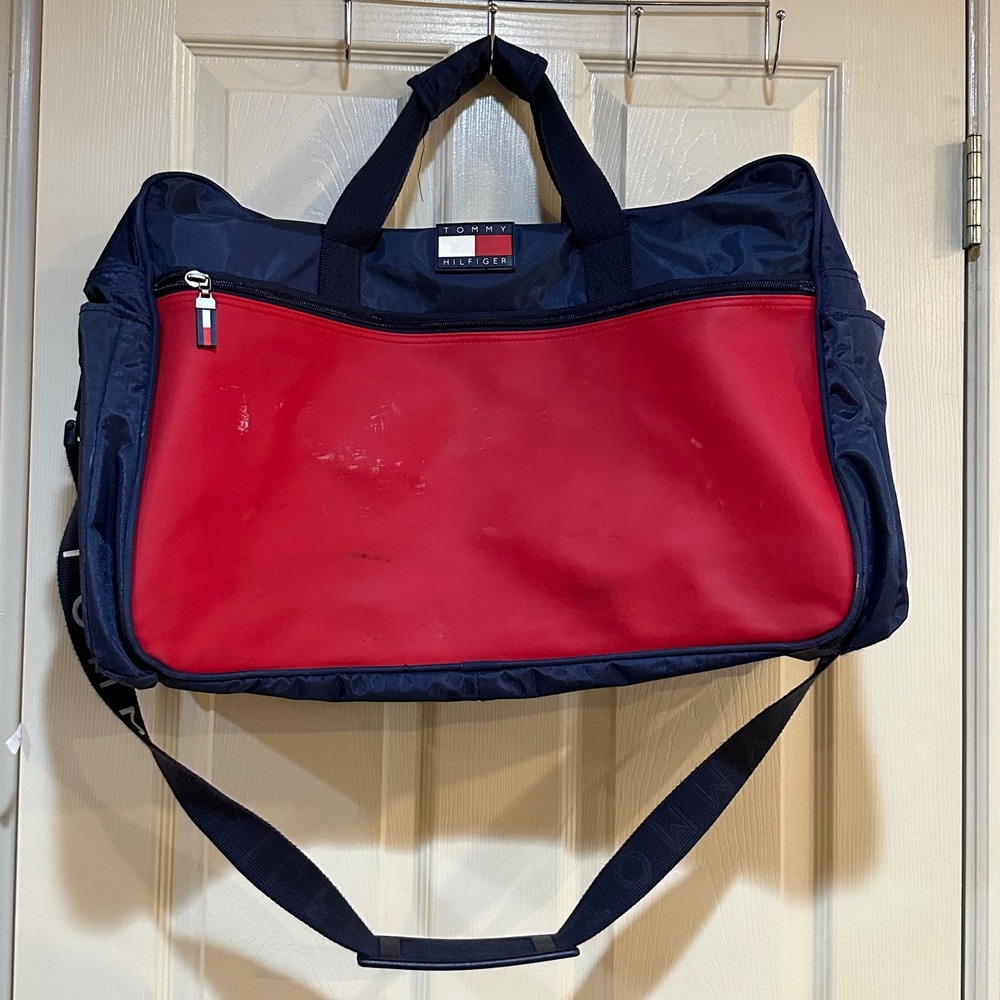 Tommy Hilfiger Vintage Duffle Bag Navy Red Colorblock‎ Travel Gym Bag Strap